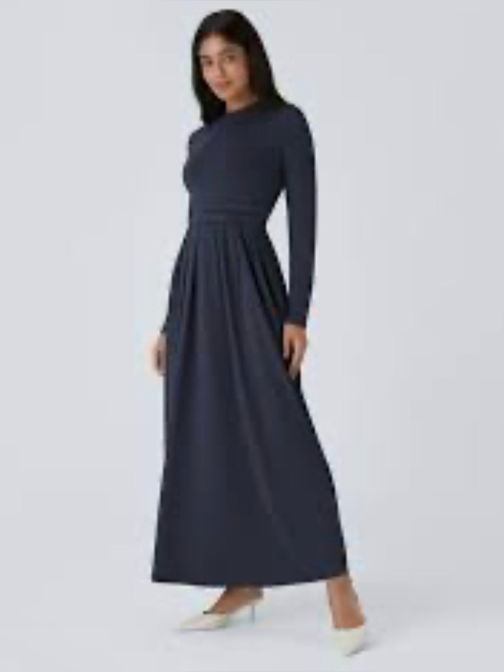 HALARA Navy Mock Neck Long Sleeve Maxi Dress with Waist Detail Classic Pockets